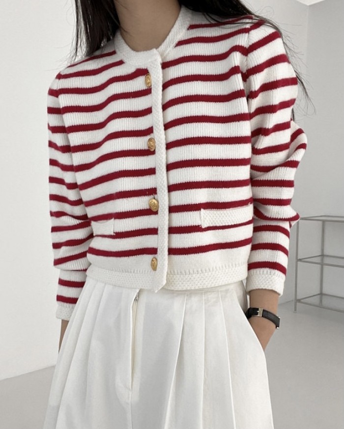 Stripe knit button cardigan