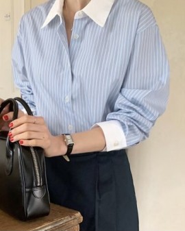 Contrast collar stripe blouse