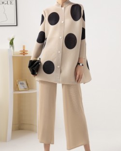 Pleated polka dot blouse and pants set