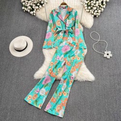 Floral motif blouse with sash and pants set