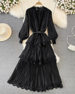 Long lace trim tiered dress