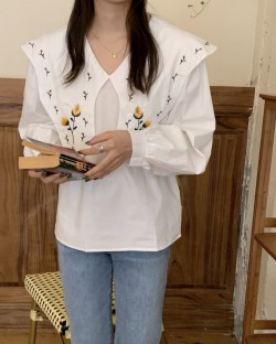 Floral embroidered collar blouse