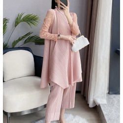 Pleated sheer sleeves tunic and pants set