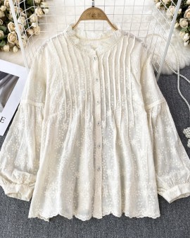 Embroidery lace trim blouse