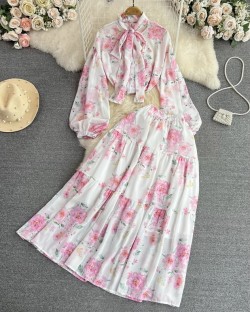 Floral scarf button blouse and skirt set